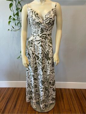 New Tie-Back Floral linen and rayon Maxi Dress in Olive & White S